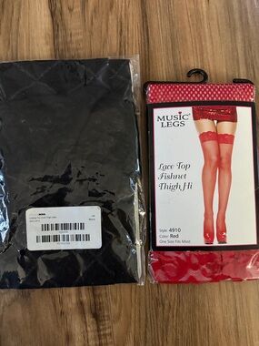 Red & Black Lace-Top Fishnet Thigh-Highs